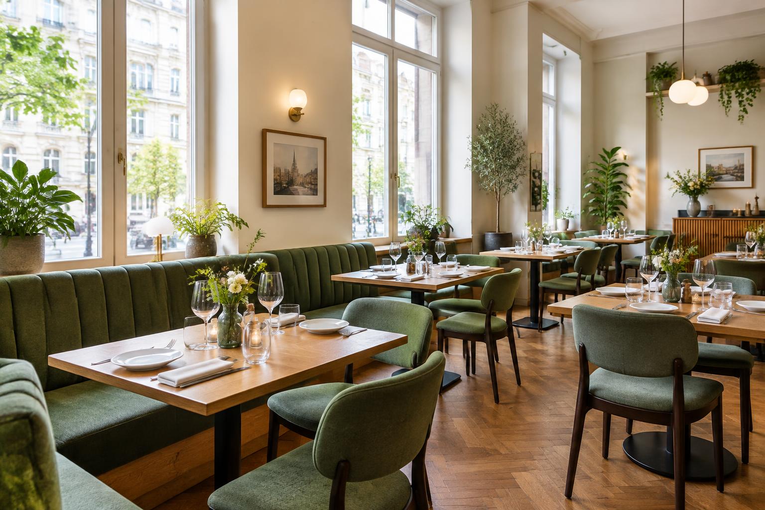 Illustration eines hellen Restaurant-Gastraums mit gedeckten Tischen